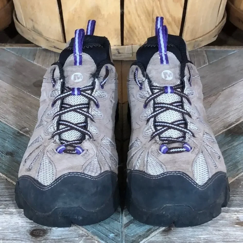 Merrell Capra Low Tan Suede Purple Waterproof Vibram Hiking Shoes Women Size 9.5